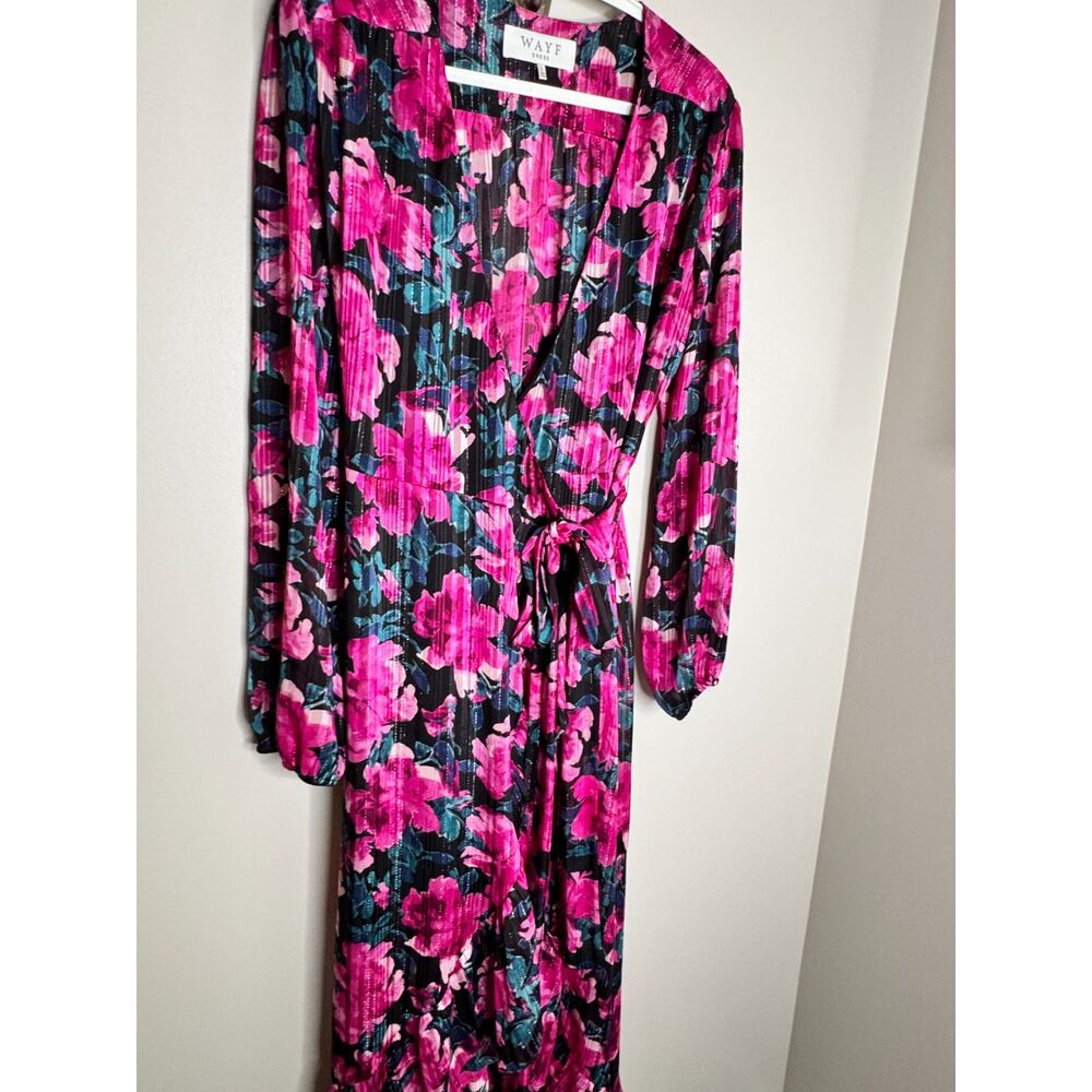 WAYF Floral Wrap Dress Large Pink Black Romantic Boho Midi Long Sleeve - Picture 3 of 6
